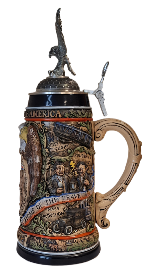Bierkrug 250 Jahre USA Verfassung - Seite B mit Flugadler-Zinn-Figurendeckel