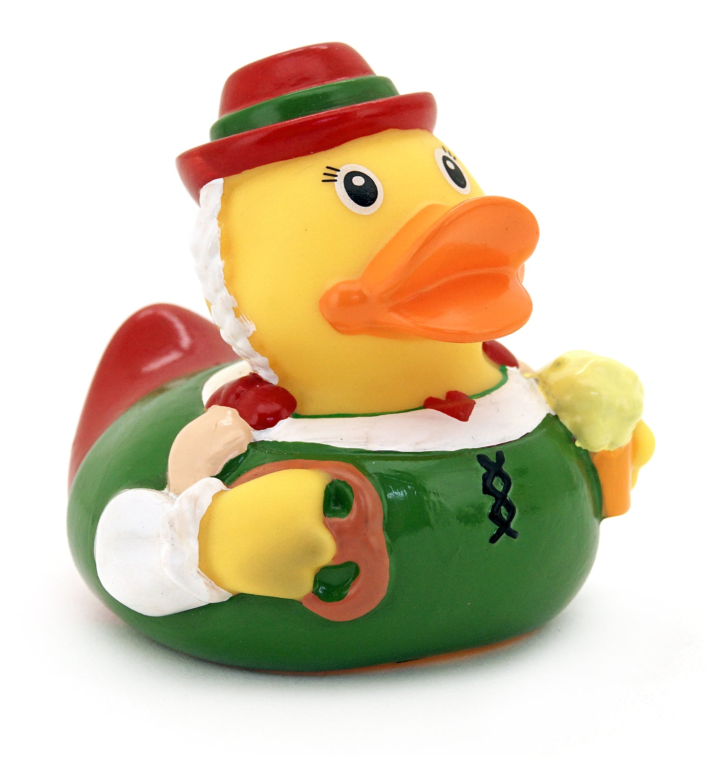 Ente Bayerin im Dirndl mit Bier und Brezel