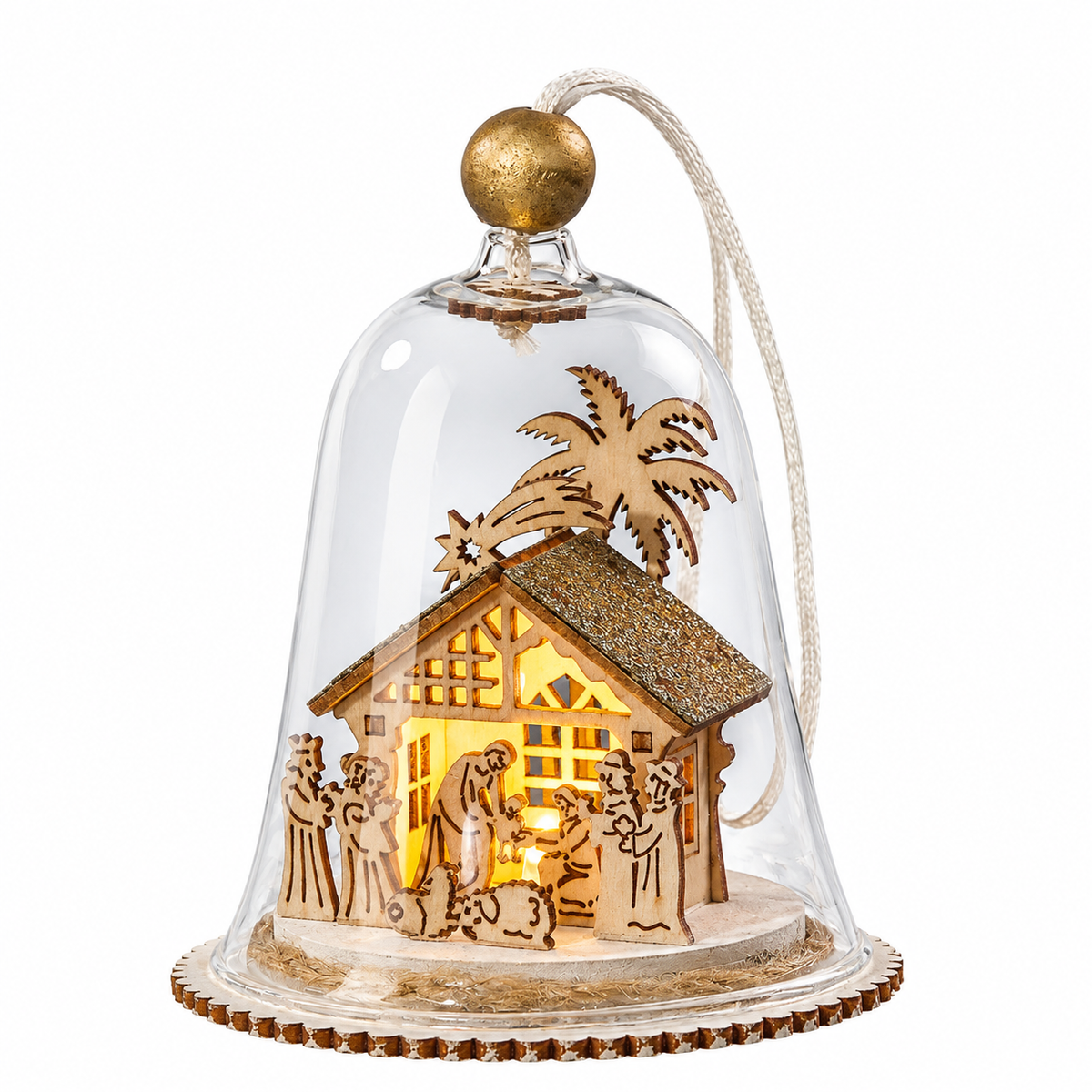 LED Glocke Krippe H: 10cm – Holz Krippenszene mit Maria, Josef und dem Jesuskind unter beleuchteter Glasglocke