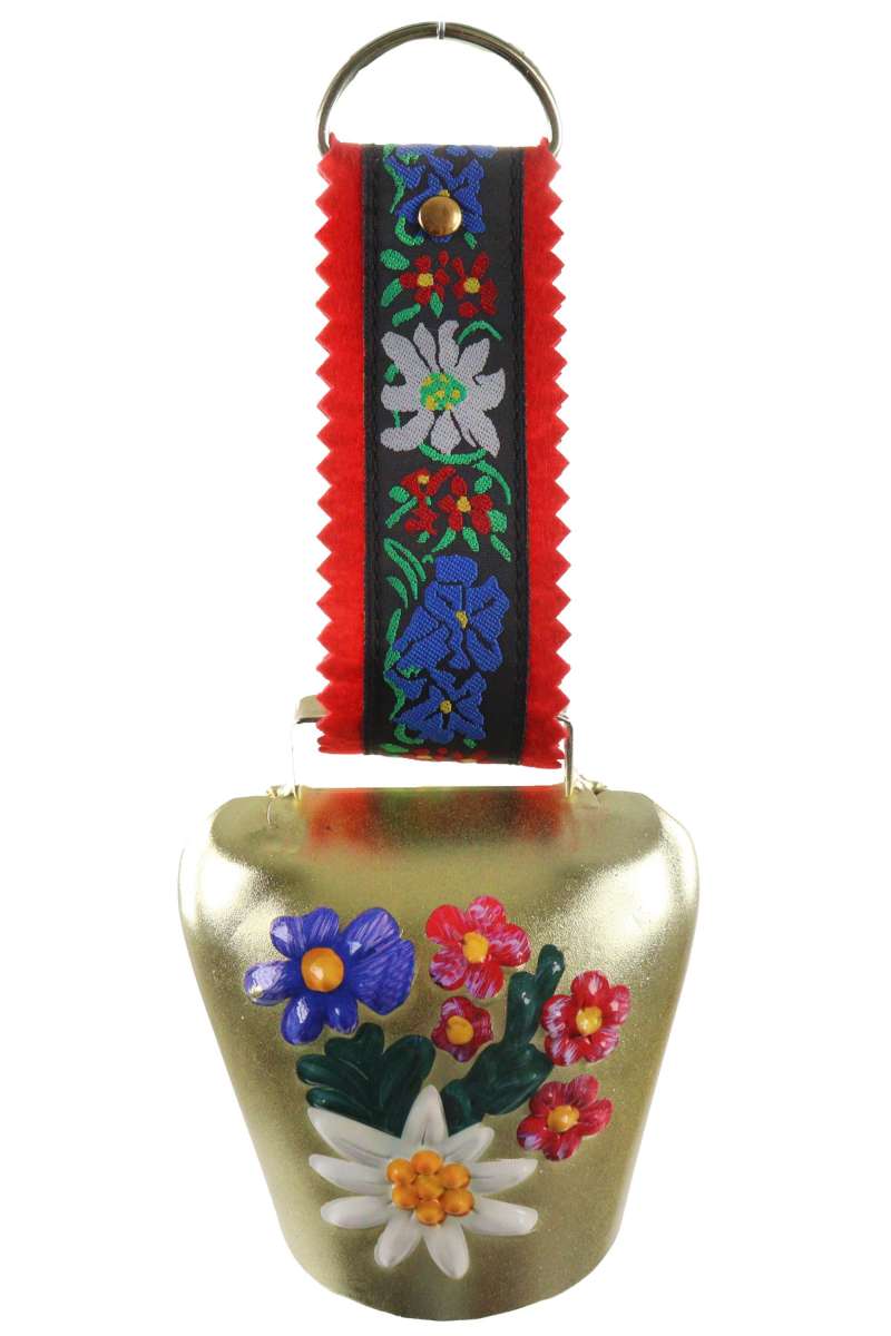 Metall Glocke 10,5cm gold Edelweiß Bemalung Alpenblumen