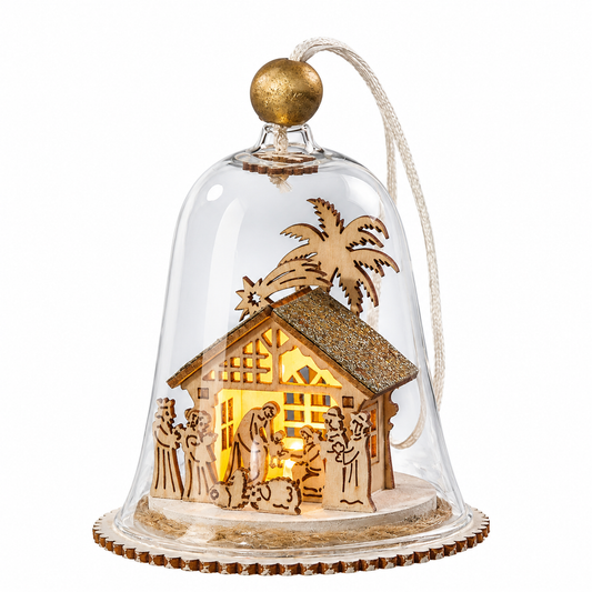 LED Glocke Krippe H: 10cm – Holz Krippenszene mit Maria, Josef und dem Jesuskind unter beleuchteter Glasglocke
